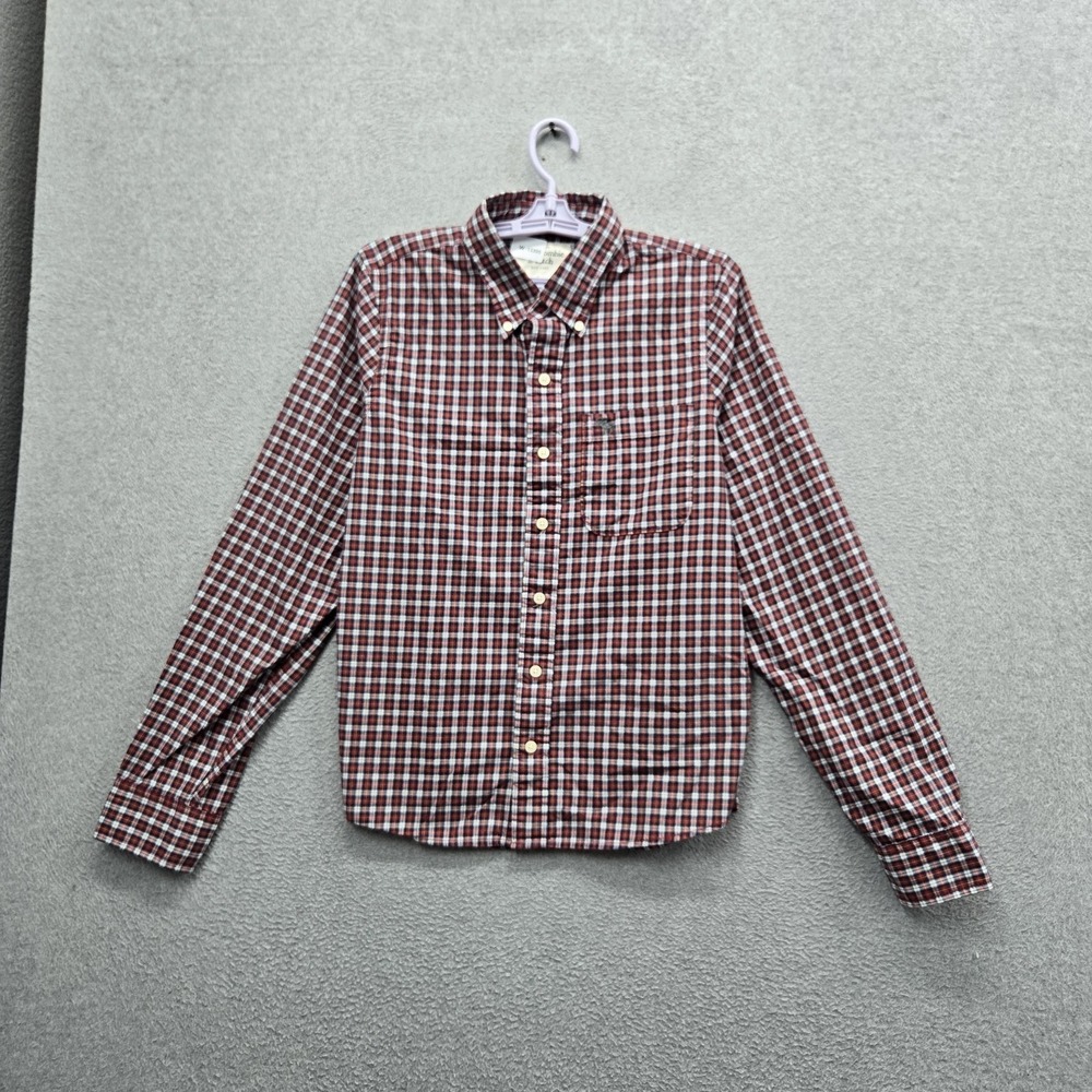 Abercrombie & Fitch Men Button Up Shirt L Red Embroidered‎ Plaid Logo